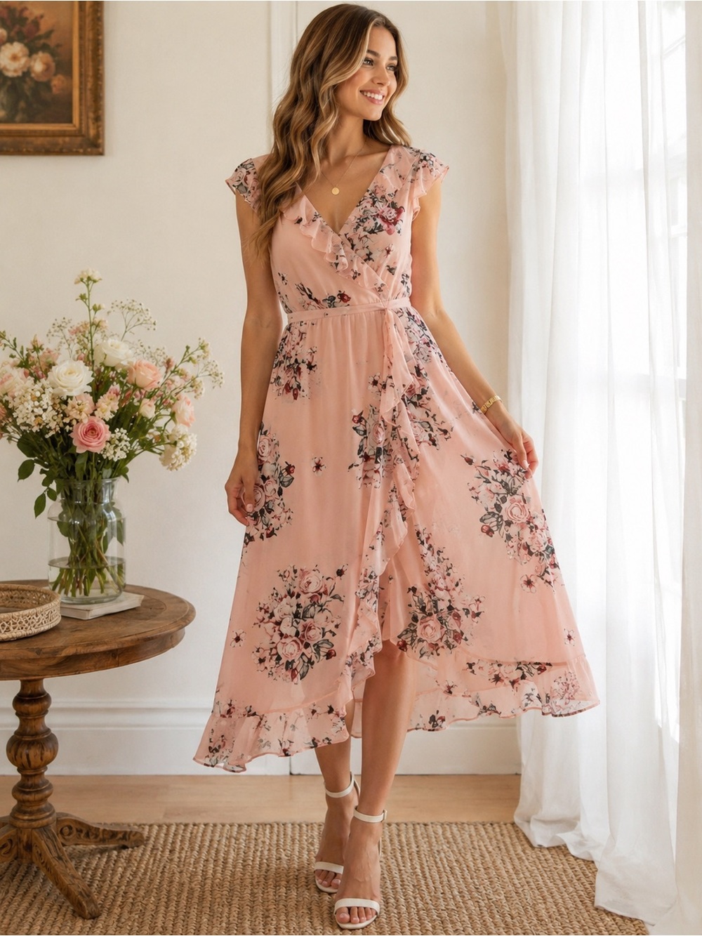 NWT Toleen Pink Floral Ruffle Wrap Midi Dress L Romantic Cottagecore